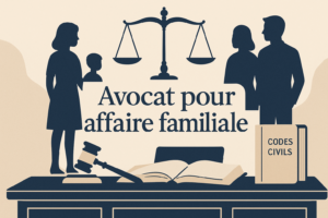 Illustration d’un avocat en affaire familiale avec balance de la justice et famille