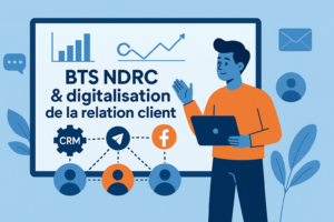 Illustration BTS NDRC digitalisation relation client avec étudiant et écrans CRM multicanaux