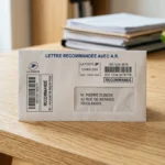 Enveloppe de lettre recommandée officielle sur un bureau en bois pour une procédure de démission professionnelle.