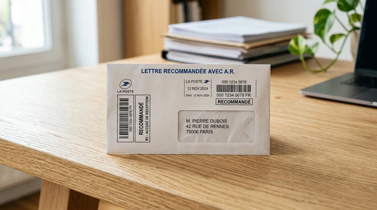 Enveloppe de lettre recommandée officielle sur un bureau en bois pour une procédure de démission professionnelle.