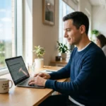 Employé serein rédigeant sa lettre de démission par mail sur un ordinateur dans un bureau moderne et lumineux.