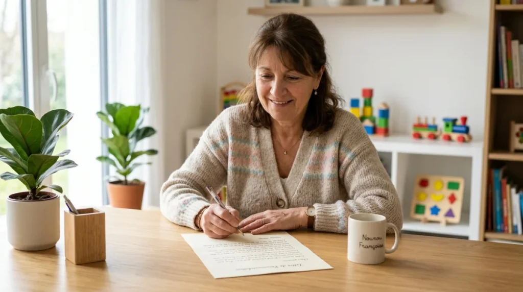 Assistante maternelle rédigeant sereinement sa lettre de démission sur un bureau lumineux avec des jouets en arrière-plan.