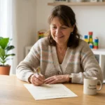 Assistante maternelle rédigeant sereinement sa lettre de démission sur un bureau lumineux avec des jouets en arrière-plan.
