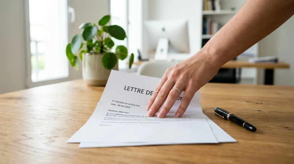 Main posant une lettre de démission d'association bénévole sur un bureau en bois lumineux et épuré.