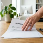Main posant une lettre de démission d'association bénévole sur un bureau en bois lumineux et épuré.
