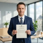 Conseiller municipal professionnel tenant une lettre de démission officielle dans un bureau administratif lumineux et moderne.