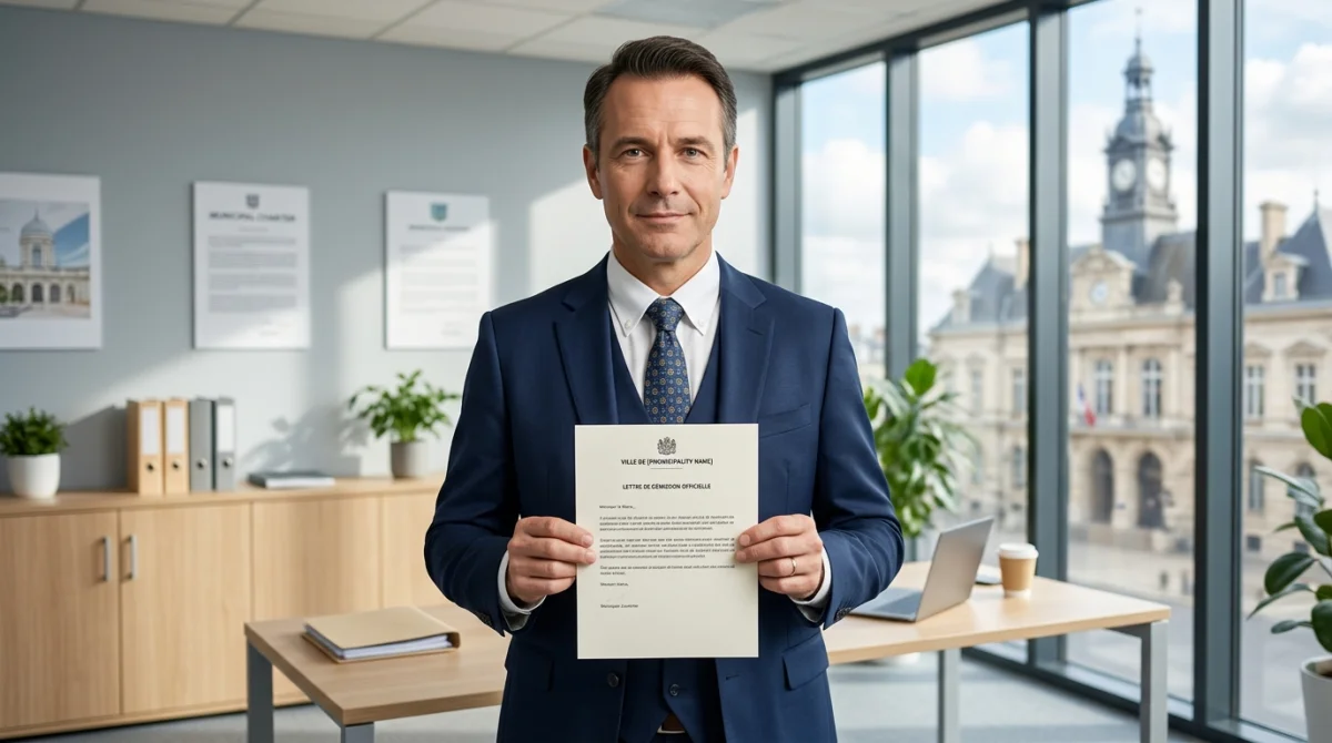 Conseiller municipal professionnel tenant une lettre de démission officielle dans un bureau administratif lumineux et moderne.