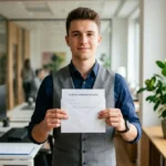 Jeune apprenti confiant tenant une lettre de démission officielle dans un bureau moderne et lumineux.