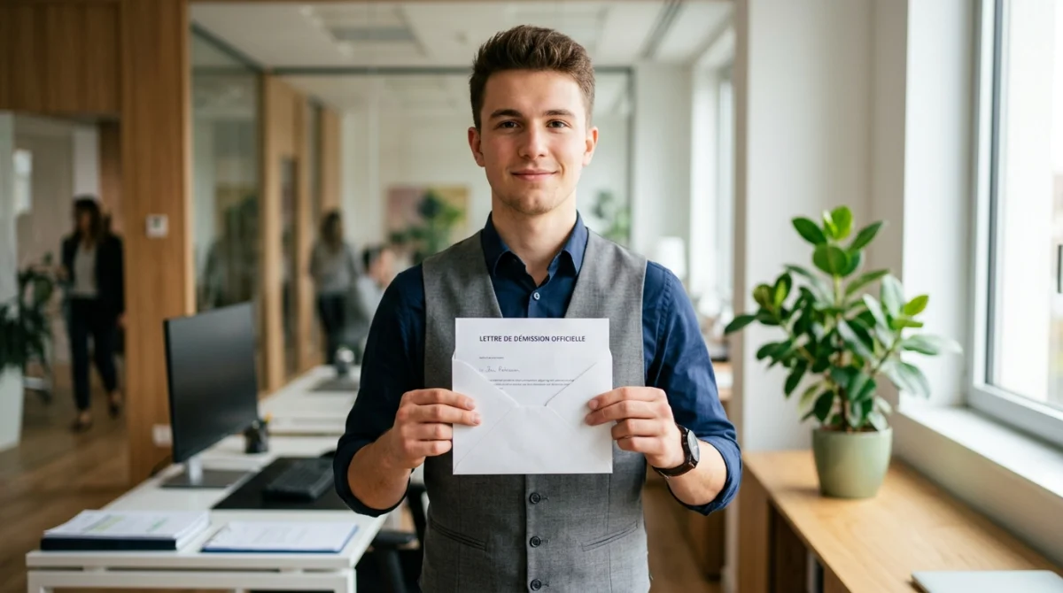 Jeune apprenti confiant tenant une lettre de démission officielle dans un bureau moderne et lumineux.