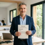 Employé serein tenant une lettre de démission pour un départ anticipé amiante dans un bureau lumineux et moderne.
