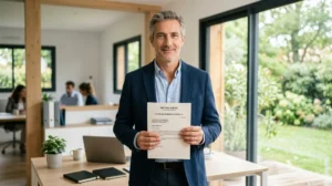 Employé serein tenant une lettre de démission pour un départ anticipé amiante dans un bureau lumineux et moderne.