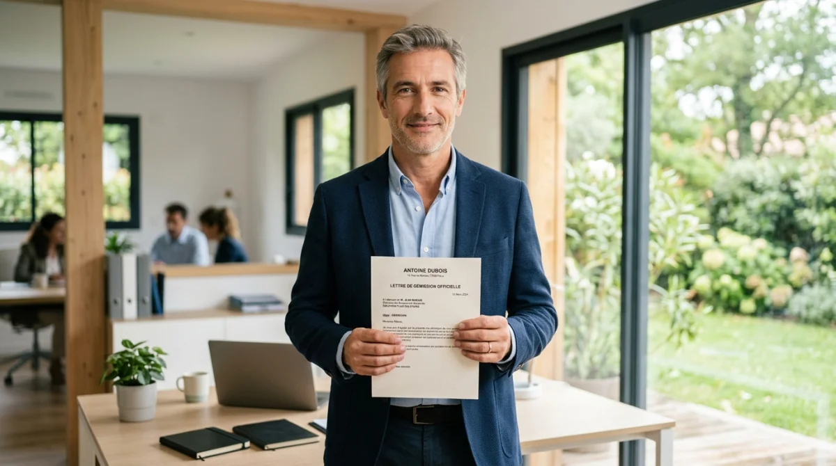 Employé serein tenant une lettre de démission pour un départ anticipé amiante dans un bureau lumineux et moderne.