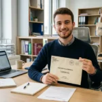 Étudiant en alternance tenant une lettre de démission pour un BTS dans un bureau professionnel et lumineux.