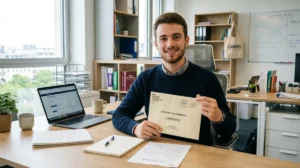 Étudiant en alternance tenant une lettre de démission pour un BTS dans un bureau professionnel et lumineux.