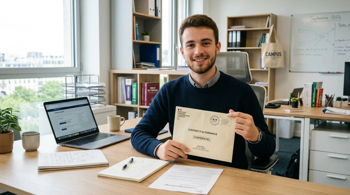 Étudiant en alternance tenant une lettre de démission pour un BTS dans un bureau professionnel et lumineux.