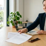 Main professionnelle déposant une lettre de démission formelle sur un bureau moderne pour une transition de carrière sereine.