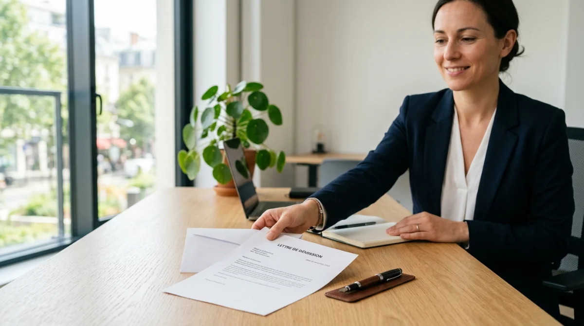 Main professionnelle déposant une lettre de démission formelle sur un bureau moderne pour une transition de carrière sereine.