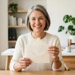 Personne souriante tenant une lettre de démission pour la retraite dans un bureau lumineux et moderne.
