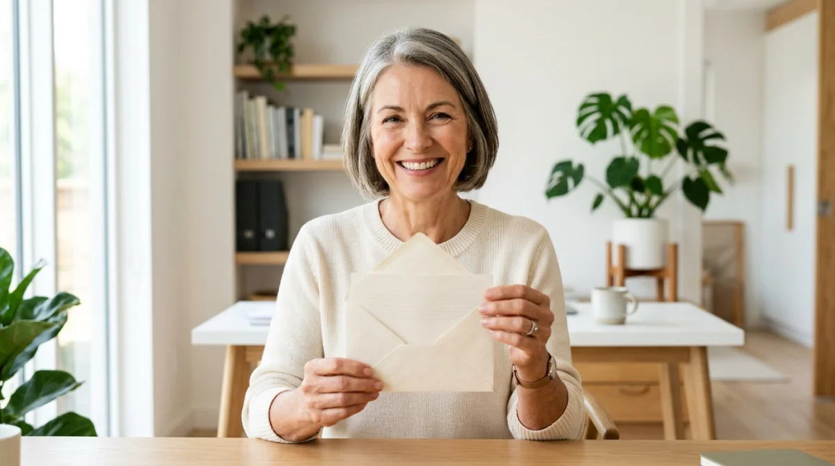 Personne souriante tenant une lettre de démission pour la retraite dans un bureau lumineux et moderne.