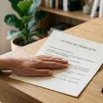 Main posée sur une lettre de démission pour raison personnelle posée sur un bureau en bois moderne.