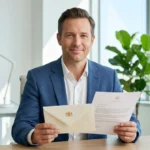 Professionnel souriant tenant une lettre de démission pour reconversion professionnelle dans un bureau moderne et lumineux.