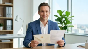 Professionnel souriant tenant une lettre de démission pour reconversion professionnelle dans un bureau moderne et lumineux.
