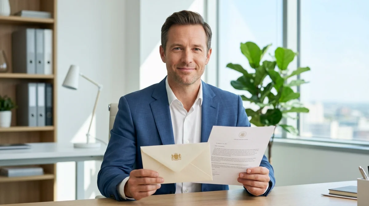 Professionnel souriant tenant une lettre de démission pour reconversion professionnelle dans un bureau moderne et lumineux.