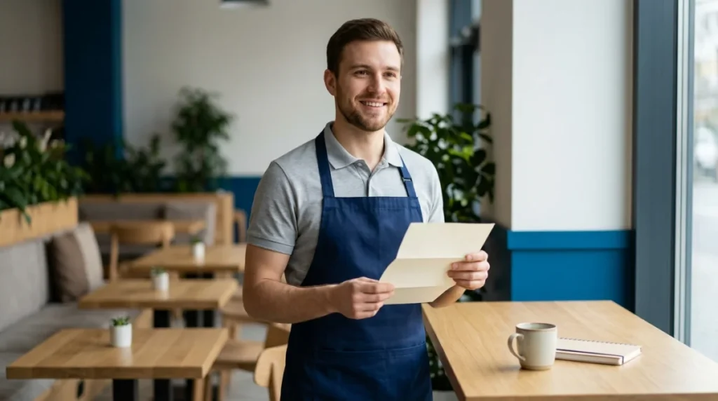Employé de restauration confiant tenant une lettre de démission professionnelle dans un bureau moderne et lumineux.
