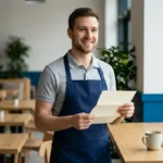 Employé de restauration confiant tenant une lettre de démission professionnelle dans un bureau moderne et lumineux.