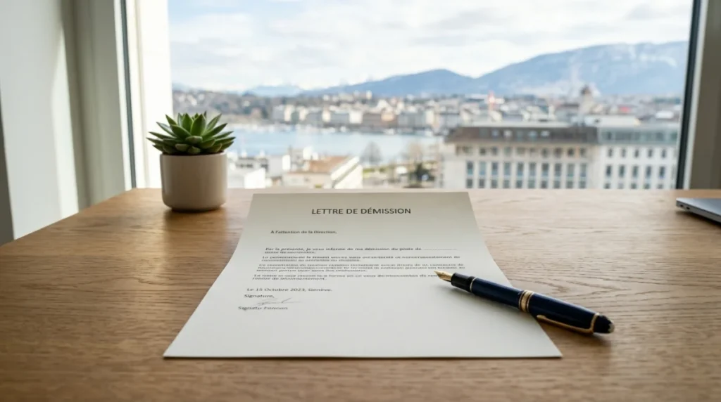Lettre de démission posée sur un bureau professionnel avec un stylo, illustrant une transition de carrière en Suisse.