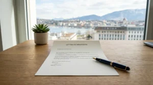 Lettre de démission posée sur un bureau professionnel avec un stylo, illustrant une transition de carrière en Suisse.