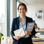 Personne souriante dans un bureau moderne tenant une lettre de démission pour suivi de conjoint avec sérénité.