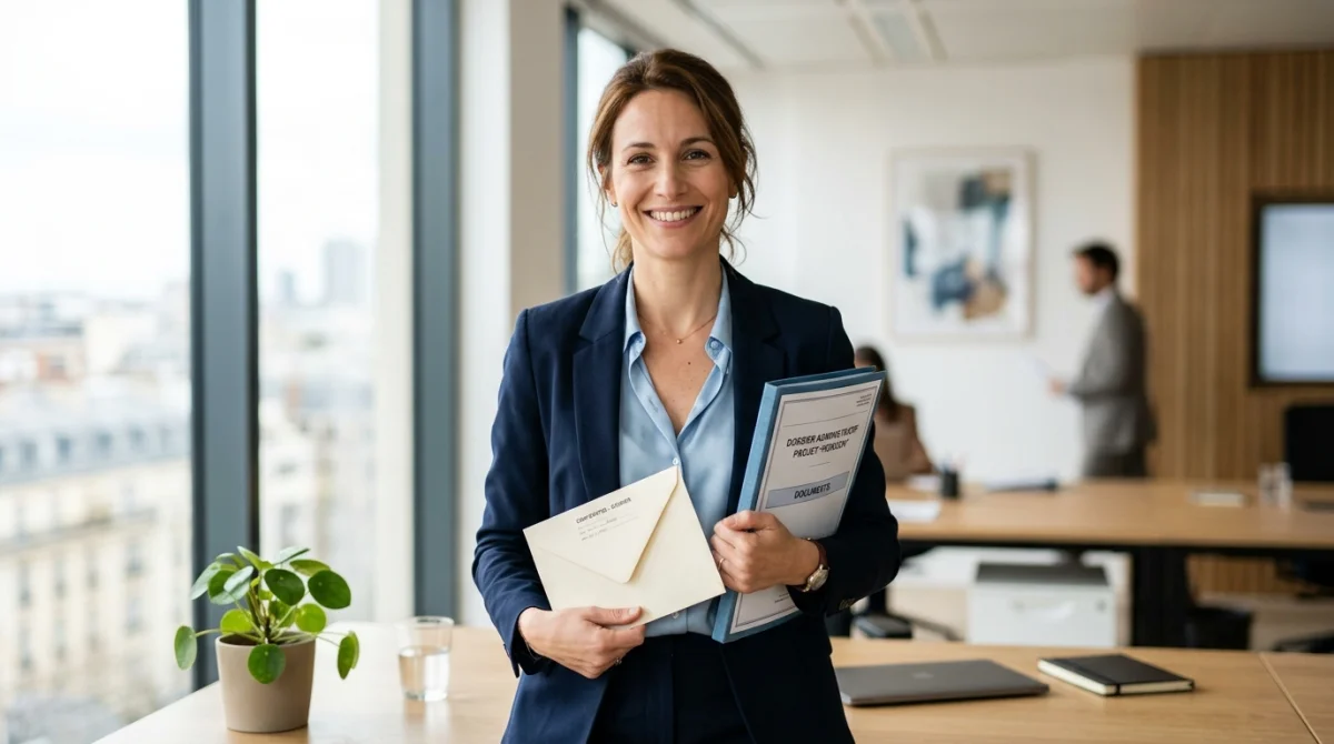 Personne souriante dans un bureau moderne tenant une lettre de démission pour suivi de conjoint avec sérénité.