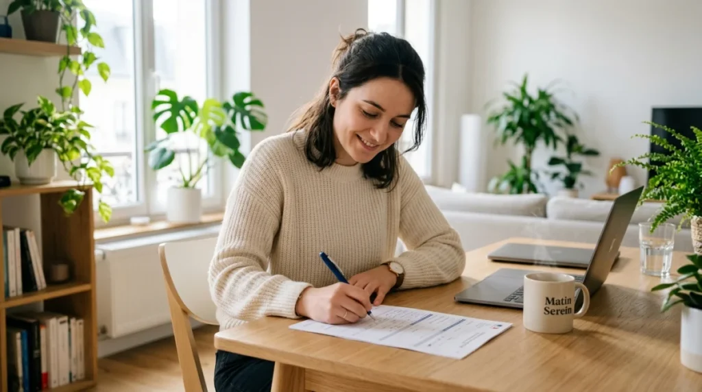 Personne remplissant sereinement une lettre de démission CESU sur un bureau moderne et lumineux.