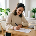 Personne remplissant sereinement une lettre de démission CESU sur un bureau moderne et lumineux.