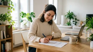 Personne remplissant sereinement une lettre de démission CESU sur un bureau moderne et lumineux.