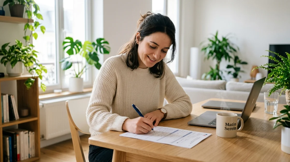 Personne remplissant sereinement une lettre de démission CESU sur un bureau moderne et lumineux.