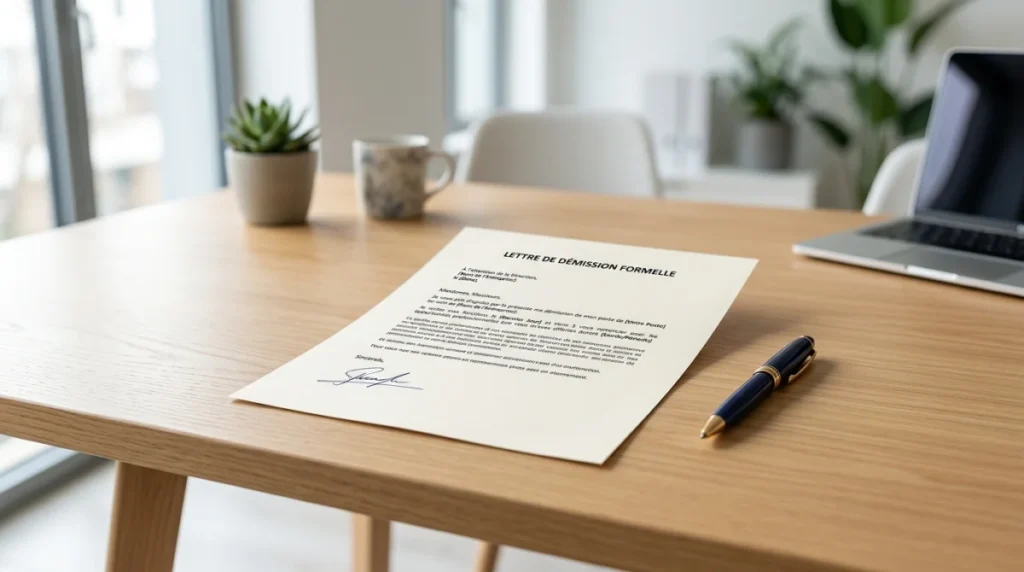 Lettre de démission formelle posée sur un bureau moderne avec un stylo, pour rédiger sa lettre de démission McDo.
