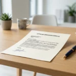 Lettre de démission formelle posée sur un bureau moderne avec un stylo, pour rédiger sa lettre de démission McDo.