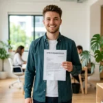 Jeune volontaire souriant tenant une lettre de démission service civique dans un bureau moderne et lumineux.
