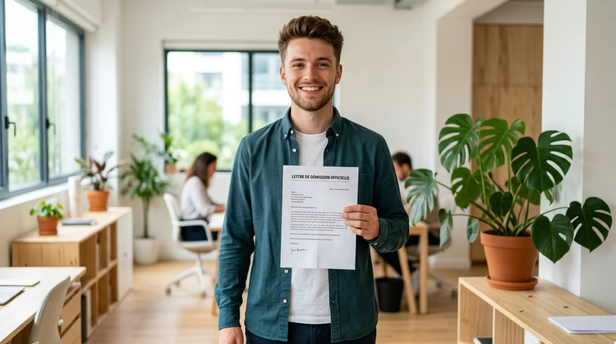 Jeune volontaire souriant tenant une lettre de démission service civique dans un bureau moderne et lumineux.