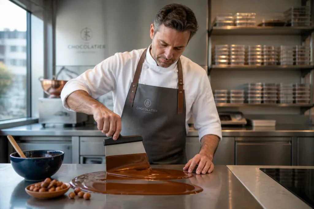 Artisan chocolatier passionné tempérant du chocolat fondu dans un laboratoire professionnel pour apprendre comment devenir chocolatier.