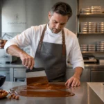 Artisan chocolatier passionné tempérant du chocolat fondu dans un laboratoire professionnel pour apprendre comment devenir chocolatier.