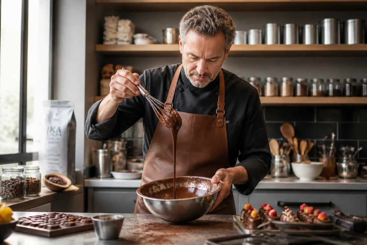 Artisan chocolatier passionné travaillant une ganache dans son atelier moderne pour apprendre comment devenir chocolatier professionnel.