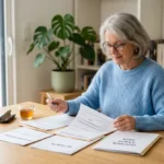 Personne senior sereine consultant des documents administratifs dans un bureau lumineux pour préparer sa retraite en invalidité.