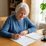 Une personne senior sereine remplit des documents administratifs pour optimiser ses avantages retraite pour inaptitude au travail.