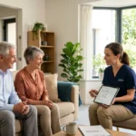 Couple de retraités souriants échangeant avec un ergothérapeute dans un salon moderne, illustrant les avantages retraités Agirc-Arrco.