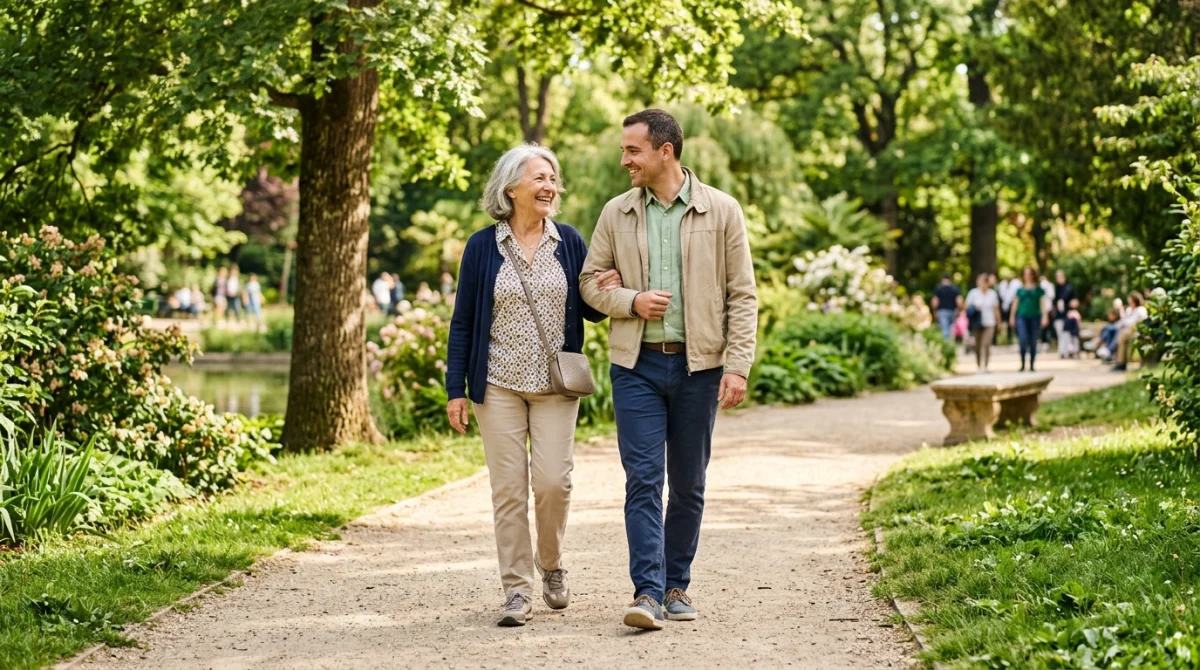 Retraité souriant marchant dans un parc avec un accompagnateur, illustrant les avantages du programme Agirc-Arrco.