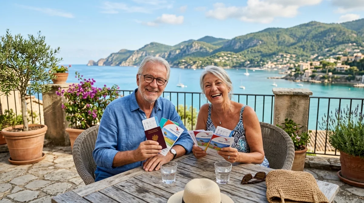 Couple de retraités souriants profitant de leurs avantages de voyage en terrasse avec vue sur un paysage naturel.