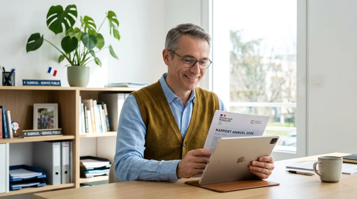Fonctionnaire serein consultant ses droits à la retraite sur une tablette dans un bureau moderne et lumineux.